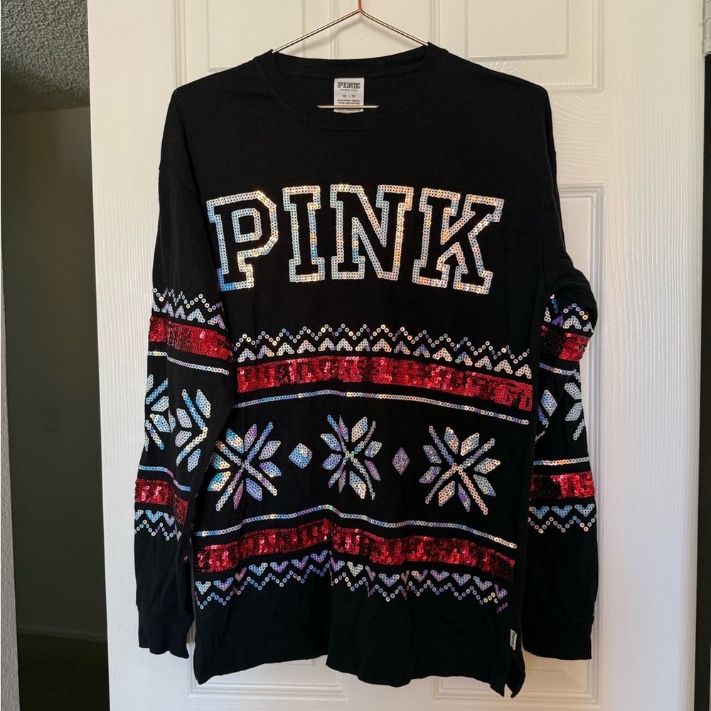 PINK Victoria's Secret Sequined Long Sleeve Top Size XS (Oversized Fit)